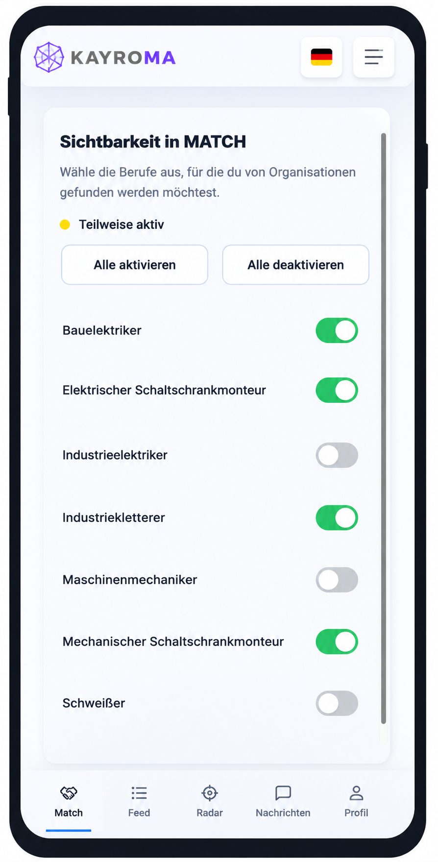 Sichtbarkeit in MATCH